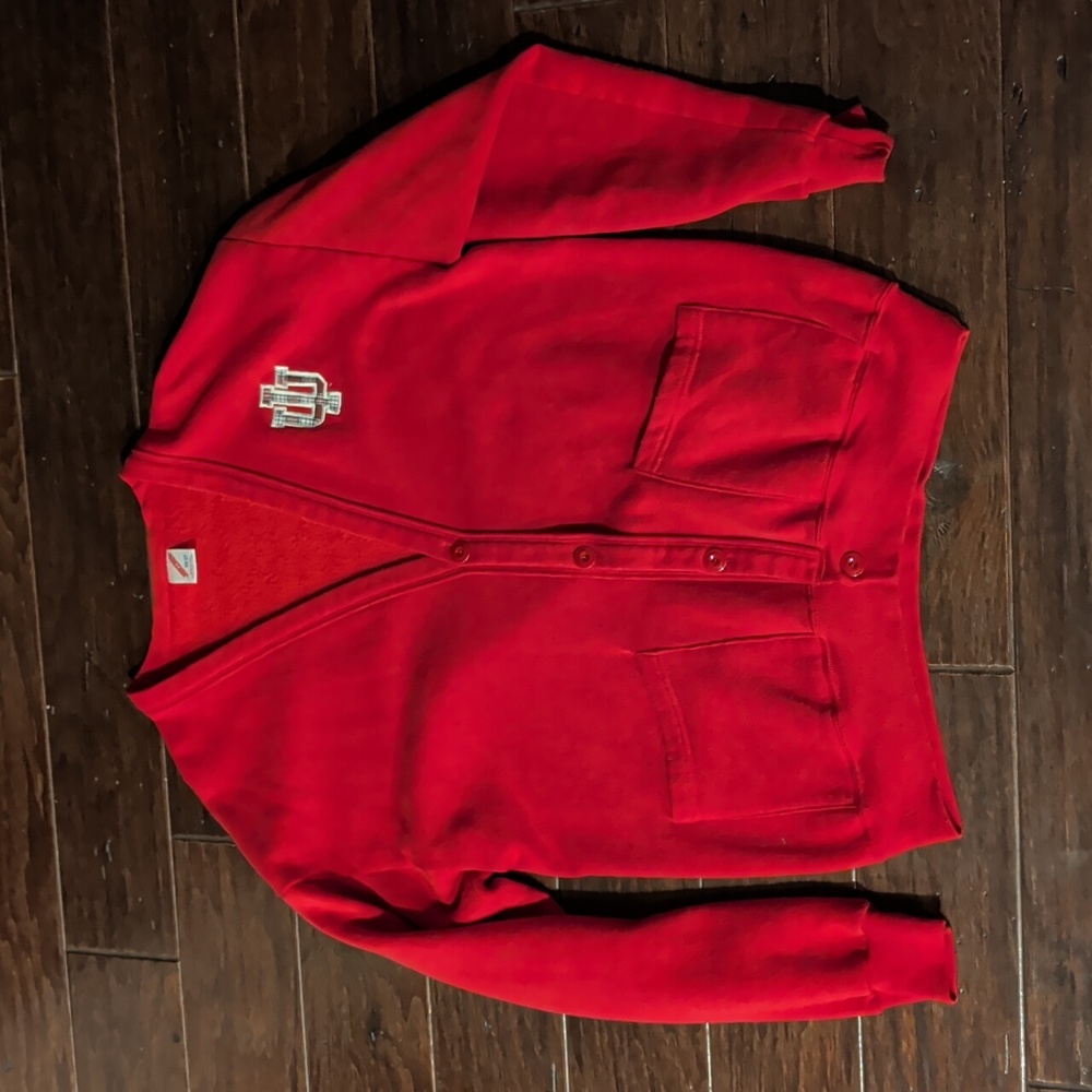 Jerzees Red V-Neck Button Sweatshirt Cardigan with IU Patch